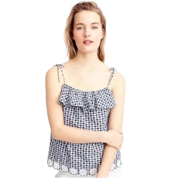 J. CREW Tie-Shoulder Gingham Ruffle Eyelet Top - Size 14 - Picture 5 of 5